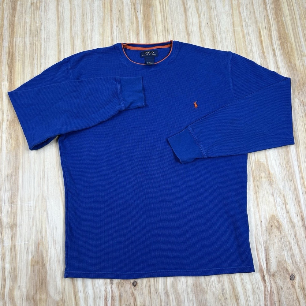 Polo Ralph Lauren Shirt Mens XL BOXY Thermal‎ Waffle Knit Blue Orange Pony L